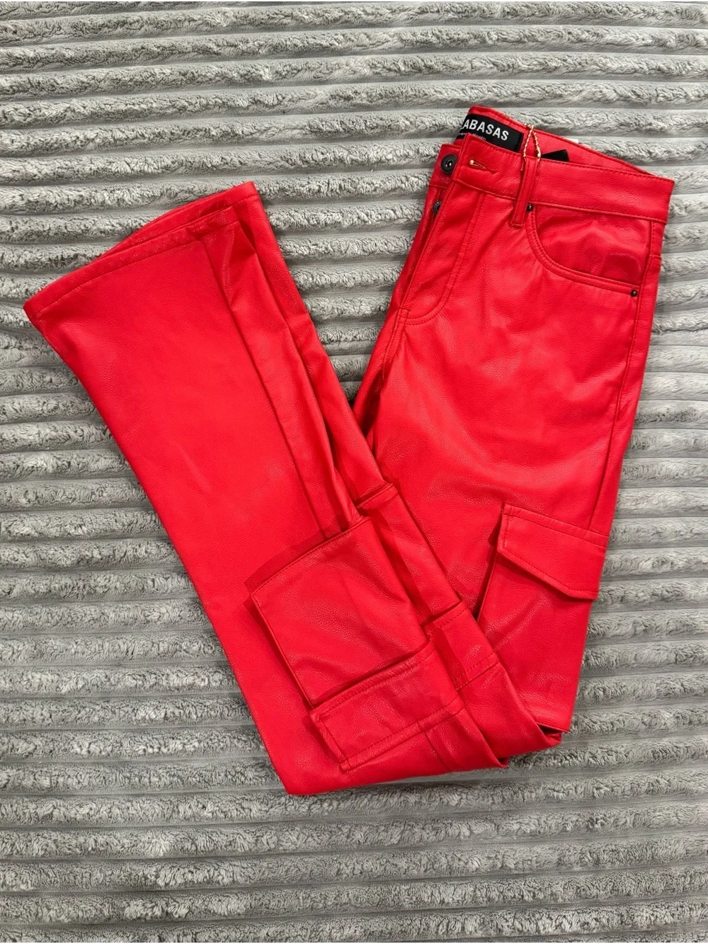 VALABASAS Red Faux Leather Cargo Flare Pants